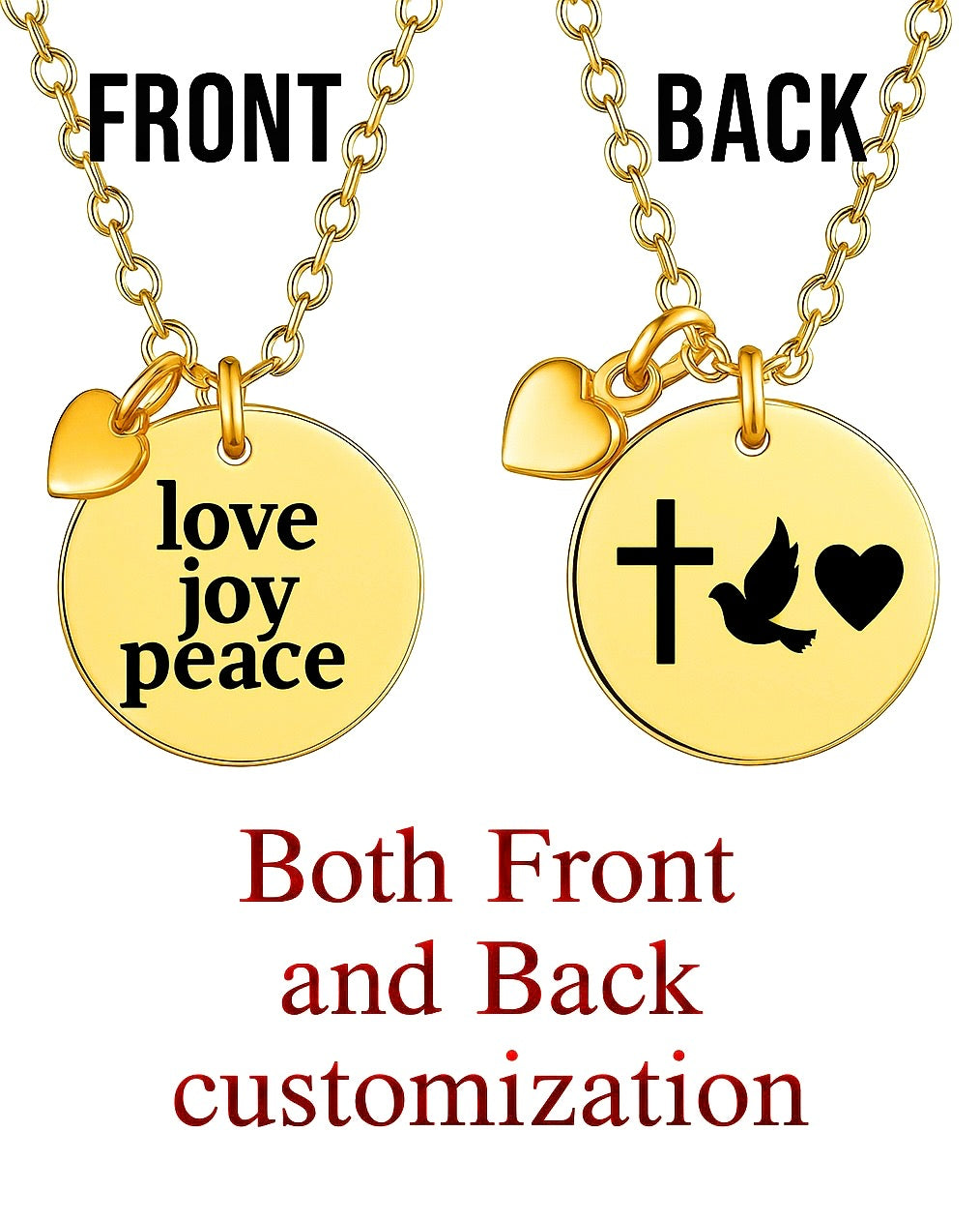 Custom Double-Sided Gold Pendant Necklace – “Love Joy Peace” with Heart, Cross & Dove - ZION GLAM JEWELRY
