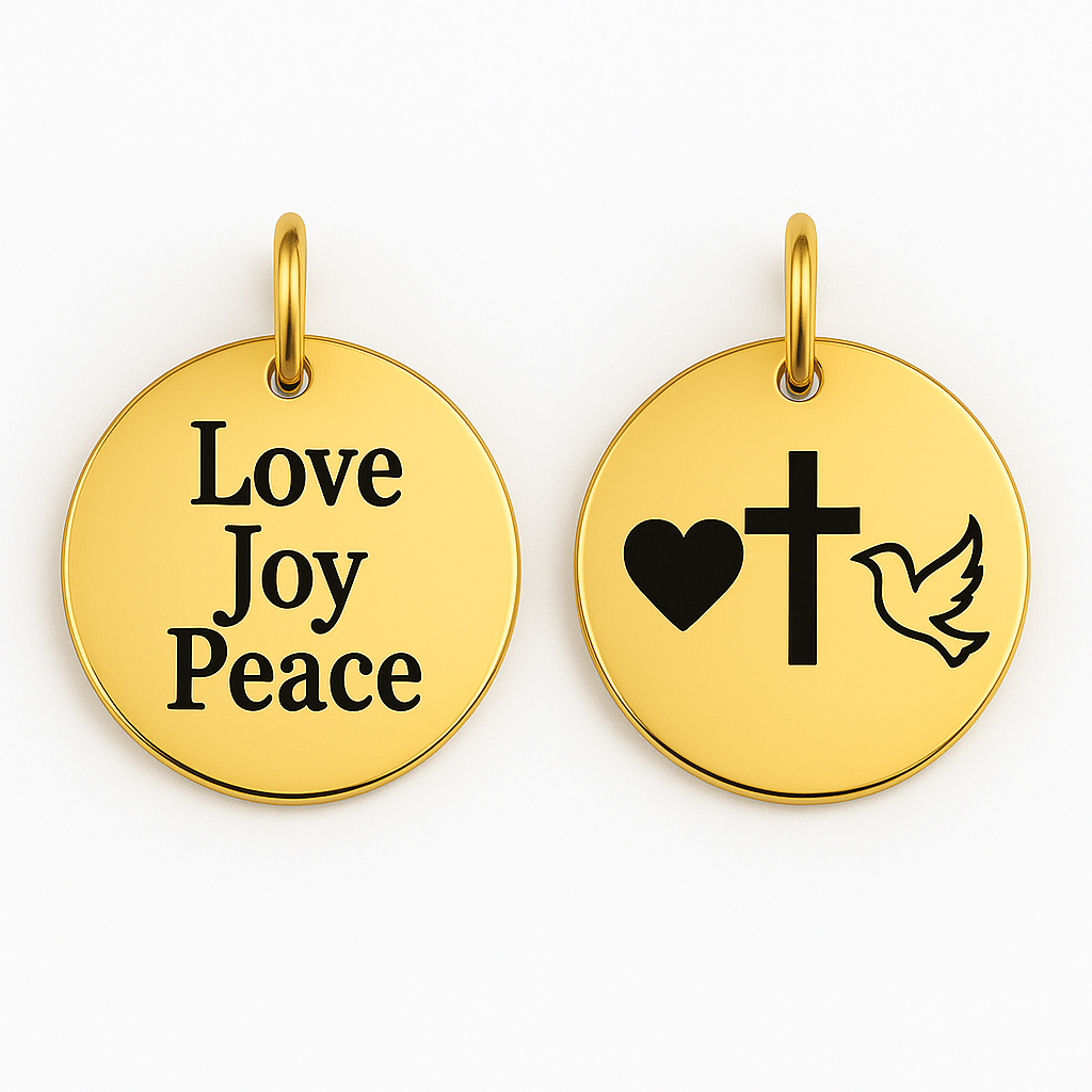 Custom Double-Sided Gold Pendant Necklace – “Love Joy Peace” with Heart, Cross & Dove - ZION GLAM JEWELRY