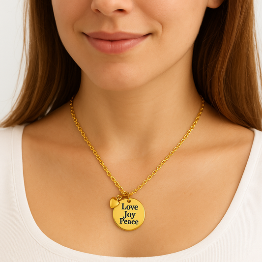Custom Double-Sided Gold Pendant Necklace – “Love Joy Peace” with Heart, Cross & Dove - ZION GLAM JEWELRY